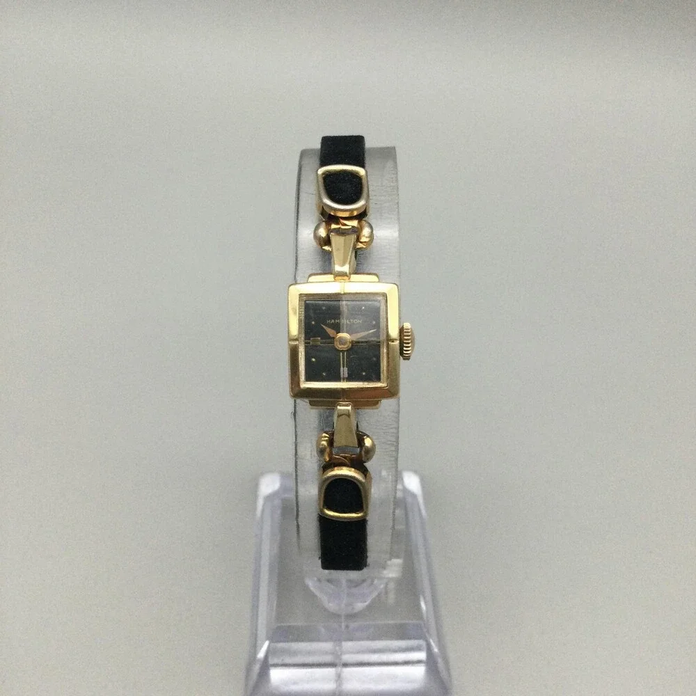 Vintage Hamilton Womens Watch 14mm 14K Gold Manual Wind Leather Band